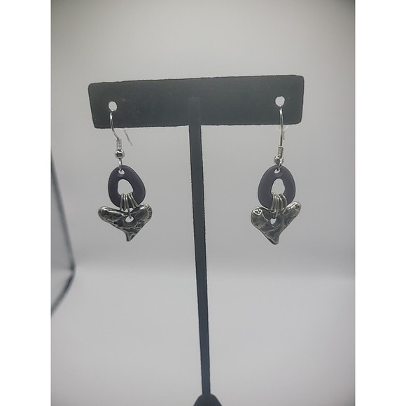 Vintage Silver Tone Drop Dangle Purple Hoop Pierced Womens Jewelry Costume - Picture 3 of 12